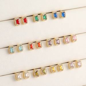 Square Zirconia Stud Earrings For Women 925 Sterling Silver Earring Post Colorful Geometric Copper Gold Plated Earrings
