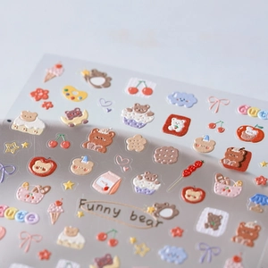 3D embossed cute bear and fruit nail art stickers with vibrant cartoon dessert designs