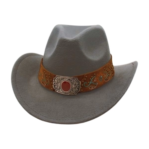 Close-up of light gray felt cowboy hat with leather band and red gemstone buckle