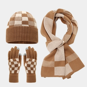 Winter checkered knit set including warm hat, scarf, and touchscreen gloves in brown