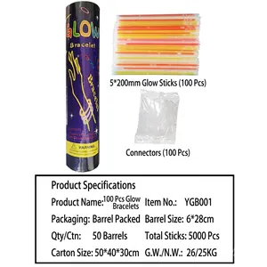 Set of 100 colorful glow stick bracelets with connectors in purple tube packaging