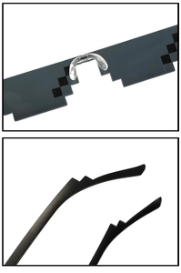 Detail view of pixelated mosaic party glasses featuring ergonomic bridge and jagged temple design