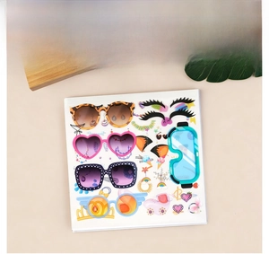 Detailed view of pre-cut transparent PET stickers featuring trendy sunglasses and eyelashes