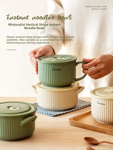 Detailed view of dark green ceramic noodle bowl with textured vertical stripes and sealed lid