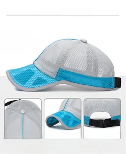 Detail view of breathable mesh baseball cap with adjustable strap and curved brim