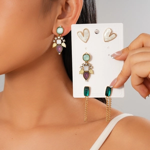 Boucles D Oreilles Vintage Coeur Géométrique Cuivre Zircon Résine Email Avec Tige En Argent Sterling 925 Pour Femmes