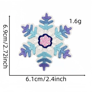 Detailed size view of snowflake embroidery patch in blue and purple with dimensions