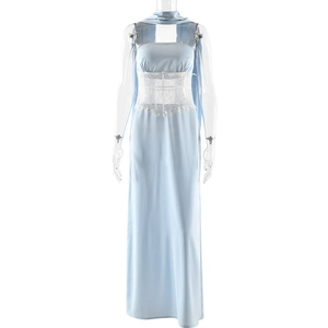 Light blue backless halter maxi dress with white lace waist and matching scarf