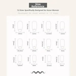 Detailed size reference chart showing 12 sizes of press-on nails with measurements