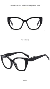 Detailed front and side views of black cat-eye fashion eyewear with clear lenses