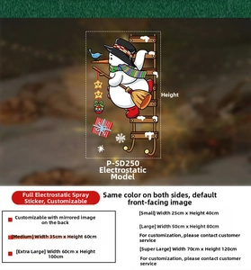 Size chart for Christmas snowman window stickers ranging from 25x40cm up to 70x120cm