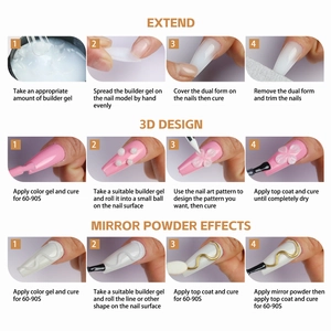 Step-by-step tutorial for extend gel, 3D design and mirror powder effects on nails