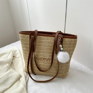 Summer Straw Woven Tote Bag Large Capacity Casual Beach Shoulder Bag With Pom Pom Leaf Pendant For Women Chic
