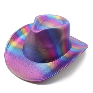 Detailed top view of holographic rainbow cowboy hat with metallic texture and wide brim