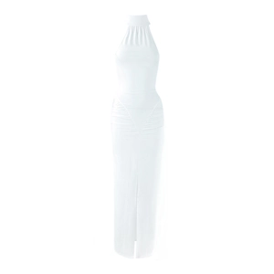 Detail of white bodycon dress featuring elegant waist ruching and a front leg slit