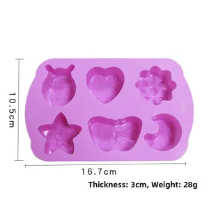 Detailed size view of purple silicone insect mold with star, heart and butterfly shapes