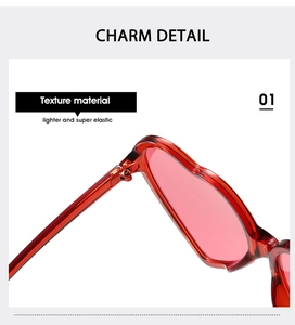 Detail of red heart-shaped sunglasses with highly elastic frame and flexible hinge construction