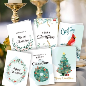 Set of 6 assorted Christmas cards with wreath, tree, and cardinal bird holiday designs