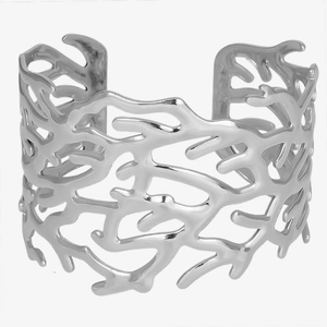 Front view of silver C-shaped open cuff bracelet featuring an intricate coral cutout design