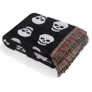 Bohemian skull pattern woven blanket with colorful fringes for outdoor picnic and sofa