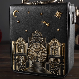 Vintage clock embroidery crossbody bag with metallic moon and star charms in black leather