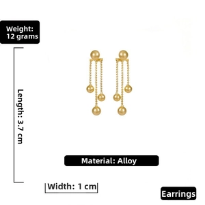 Detailed size specifications for gold metallic tassel earrings with dimensions and weight