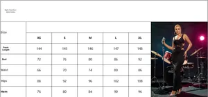 Size chart showing dress length, bust, waist, and hip measurements in cm for sizes XS-XL