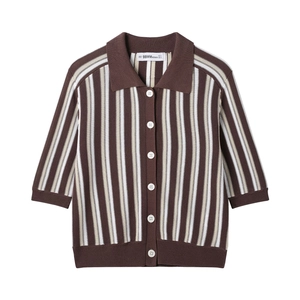 Vintage Vertikal Gestreiftes Strick Polo Oberteil Damen Kurzarm Knopfleiste Casual Retro Ästhetik Weiche Strickwaren