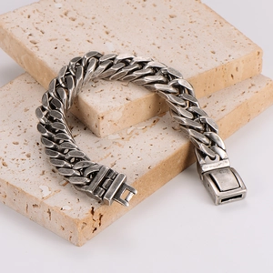 Vintage silver stainless steel Cuban chain bracelet with heavy punk industrial design