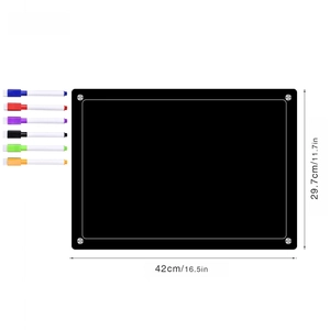 Magnetic black acrylic weekly planner board with 6 colored markers and dimensions shown