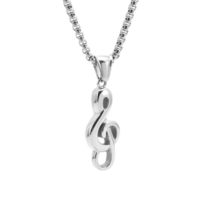Polished stainless steel treble clef pendant necklace for men on a silver box chain