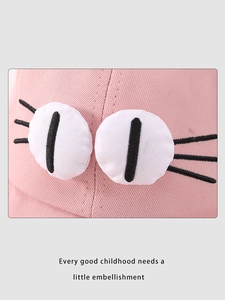 Detailed close-up of pink cotton kids hat featuring cute cat embroidery and 3D eye patch