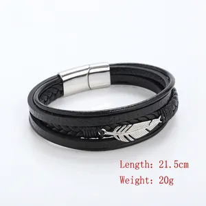 Men's multilayer black leather braided bracelet with silver metal leaf feather charm