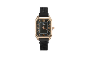 Detail of square rose gold watch with black dial and magnetic Milanese mesh strap
