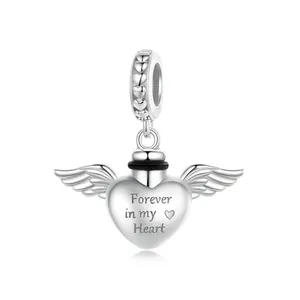 925 Sterling Silver Heart Wings Pet Memorial Urn Pendant Forever In My Heart Engraved Moonstone Charm For Bracelet DIY Jewelry