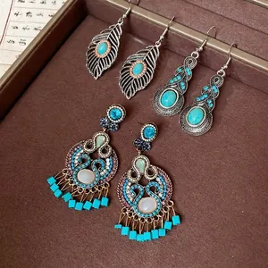 Vintage Bohemian Ethnic Hollow Leaf Turquoise Dangle Earrings With 925 Sterling Silver Earring Post Retro Jewelry For Women