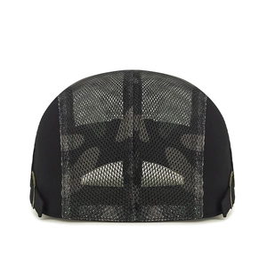 Men's black mesh flat cap with breathable panels and adjustable metal buckles on white background