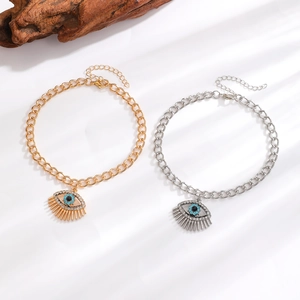 Retro evil eye pendant necklace and bracelet set with blue rhinestones in gold and silver