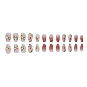 Pink ombré coffin fake nails with hand-painted tulips and gold trim, 24pcs set