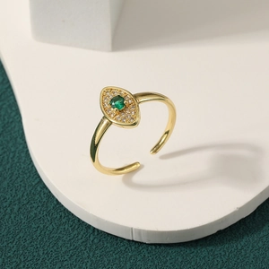 Elegant 18K gold plated adjustable ring with a green gemstone and zircon halo