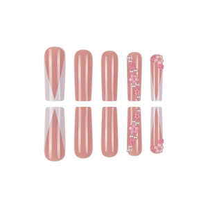 Pink coffin press-on nails with white V-French tips and 3D flower pearl decorations