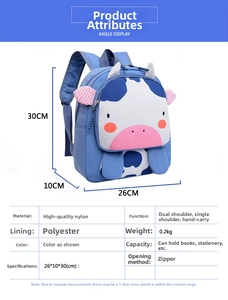 Mochila azul de vaca de dibujos animados para niños de jardín de infancia 2-7 años