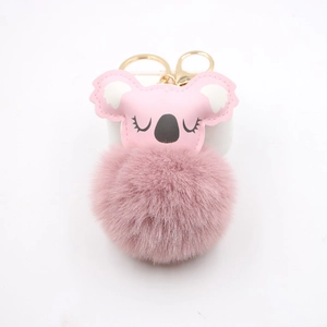 Cute Koala Plush Ball Keychain Faux Fur Pompom Bag Charm PU Leather Animal Pendant Gold Alloy Metal Ring