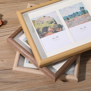 Nordic wooden picture frames in light, natural, and walnut wood finishes with wide borders