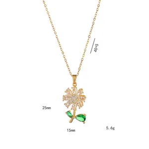 Golden rotating sunflower necklace with zircon petals and green leaves on 40+5cm chain