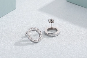 Close-up of silver hollow round earrings featuring sparkling clear rhinestones on steel