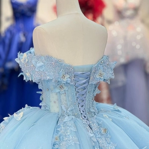 Sky blue off-shoulder ball gown featuring butterfly appliques and lace-up corset back