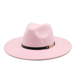 Detailed view of pink wool jazz hat with a black leather band and gold metal chain buckle