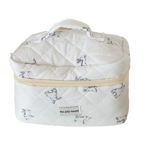 Quilted white cotton makeup bag with cute rabbit prints and convenient top handle