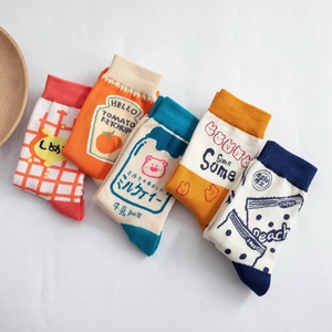 5 pairs of cute Japanese style cotton socks with cartoon food and animal illustrations